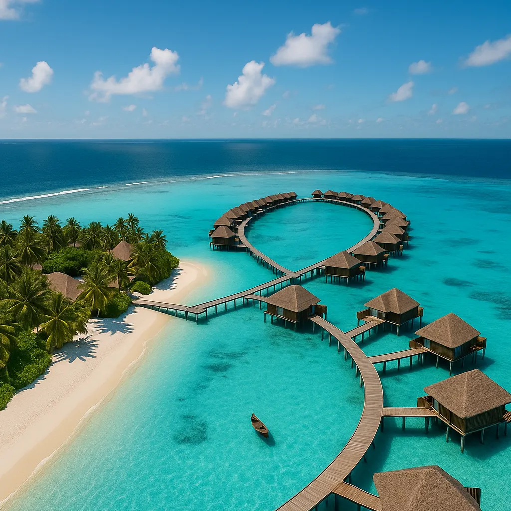 Aerial view of Maldives island resort with turquoise lagoon, overwater villas, and white sandy beach