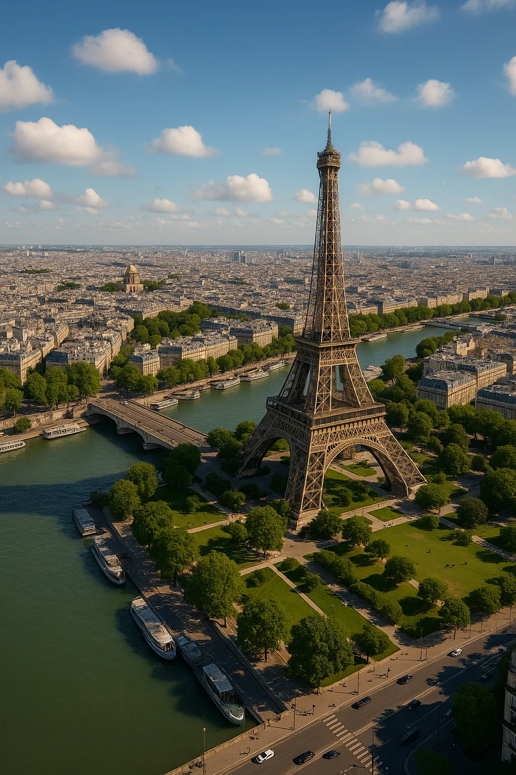 Eiffel Tower in Paris with Seine River and city skyline under clear blue sky, France travel destination