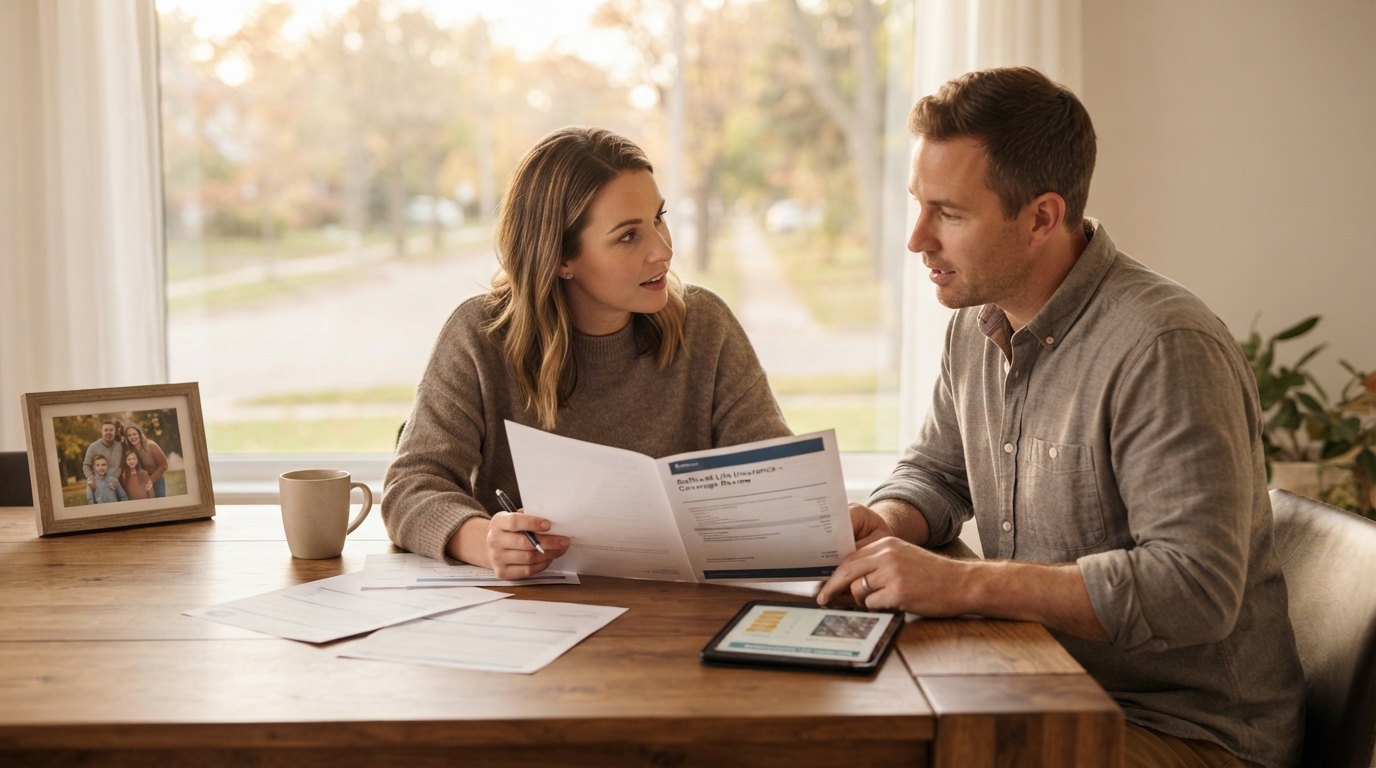 A couple sitting together at a wooden dining table bathed in soft natural light inside a warm home, calmly reviewing insurance documents and a digital tablet, with a cup of coffee and a framed family photo nearby.