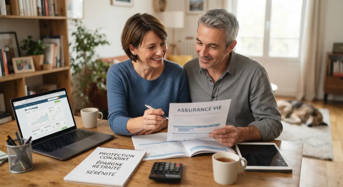 A middle-aged couple sits smiling as they review financial documents together at a table in a bright living room. The man holds a paper clearly labeled "ASSURANCE VIE" (French for Life Insurance), while the woman points to it with a pen. In front of them, an open notebook reads: "PROTECTION CONJOINT" (Joint Protection), "ÉPARGNE" (Savings), "RETRAITE" (Retirement), "SÉRÉNITÉ" (Serenity). An open laptop displays charts and graphs, and a dog sleeps in the background.