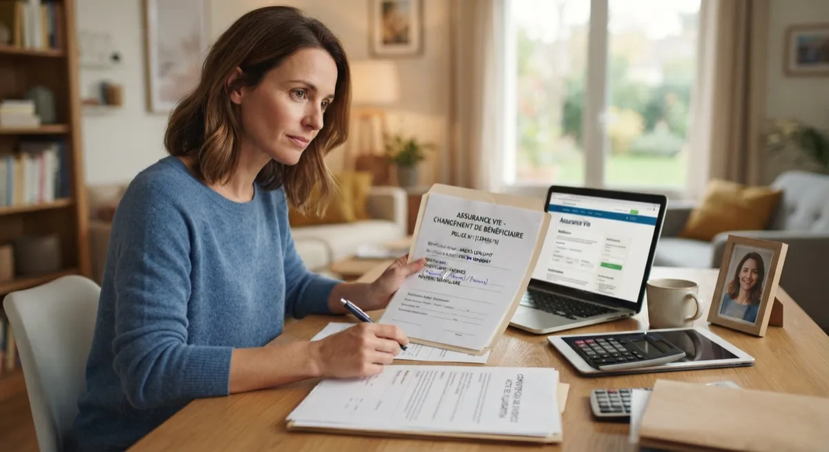 A middle-aged woman is sitting at a wooden table in a cozy living room, reviewing financial documents. She is wearing a blue sweater and has shoulder-length brown hair. She is holding a form titled "LIFE INSURANCE - BENEFICIARY CHANGE" and a pen, indicating that she is in the process of filling it out. The lighting is soft and natural, coming from a window in the background.