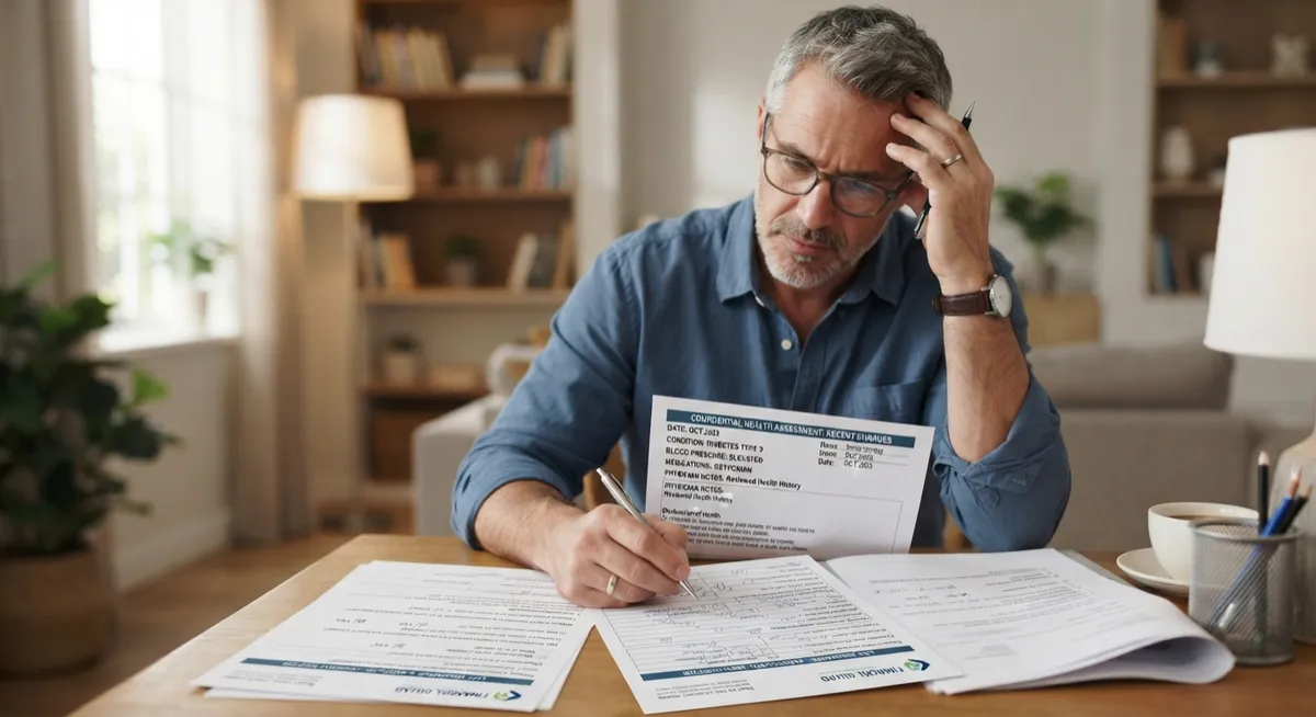 An older man wearing glasses sits at a desk, looking stressed and holding his head while reviewing paperwork and medical assessment forms.