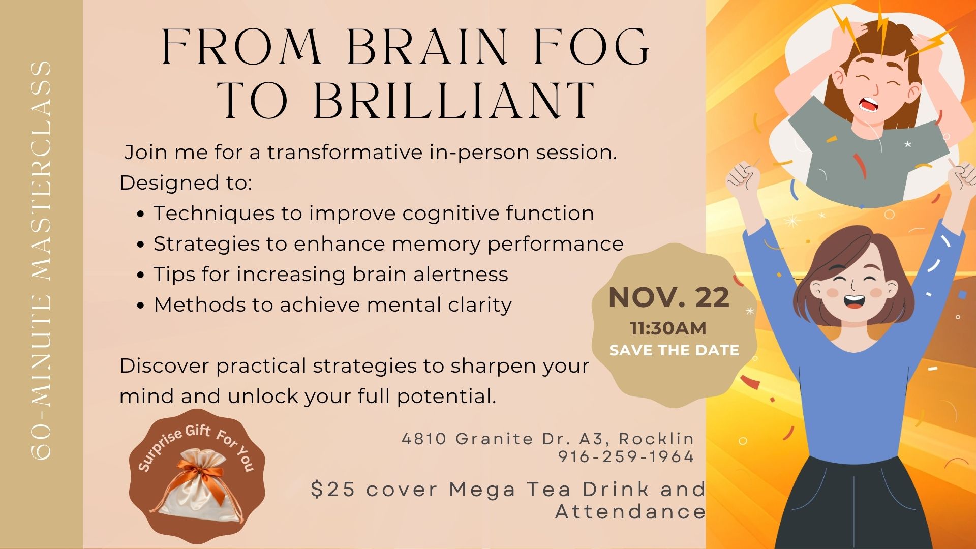 MyNokara.com, From Brain Fog to Brilliant, In-Person Masterclass, Thrive Fit Club, Cognitive Function, Enhance Memory, Mental Clarity, Gifts, Brain alertness