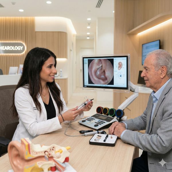 Clinician demonstrating different hearing aid styles on a tabletop display