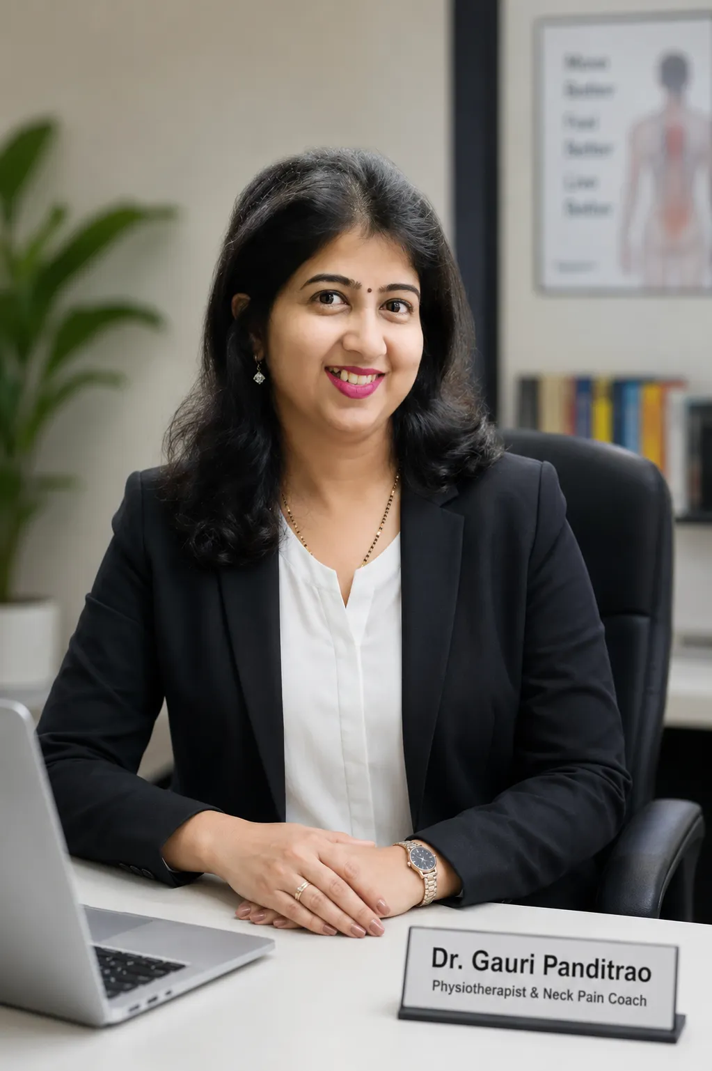 Professional head-and-shoulders portrait of an Indian woman in her thirties, smiling, in business clothing, against a LIGHT softly blurred background
