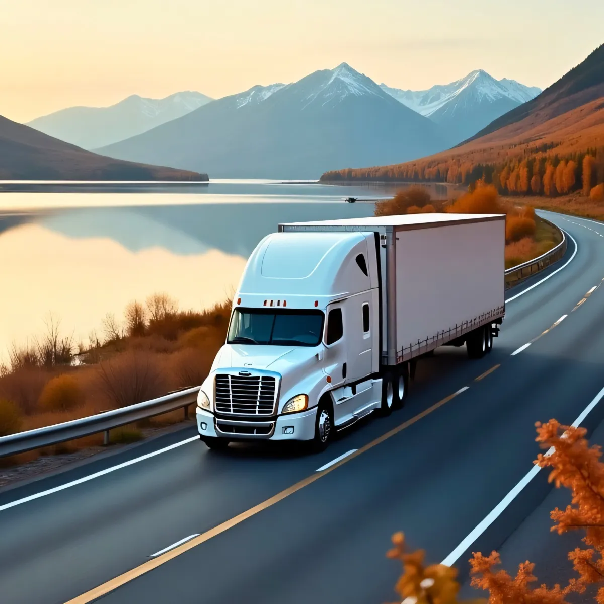 White semi-truck driving on a scenic mountain highway beside a calm lake during autumn, showcasing efficient freight transportation and logistics.