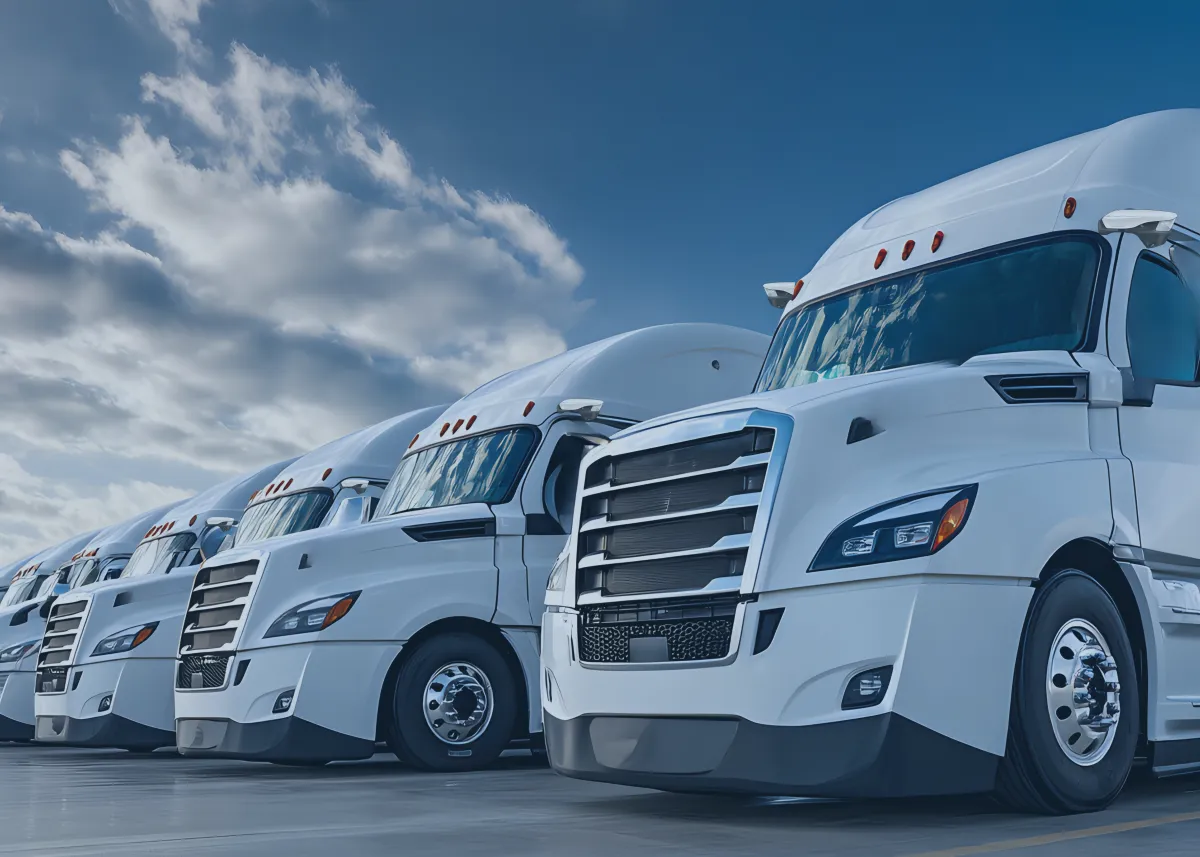 Row of modern white semi-trucks parked under blue sky, symbolizing scalable fleet solutions and business growth in transportation logistics.