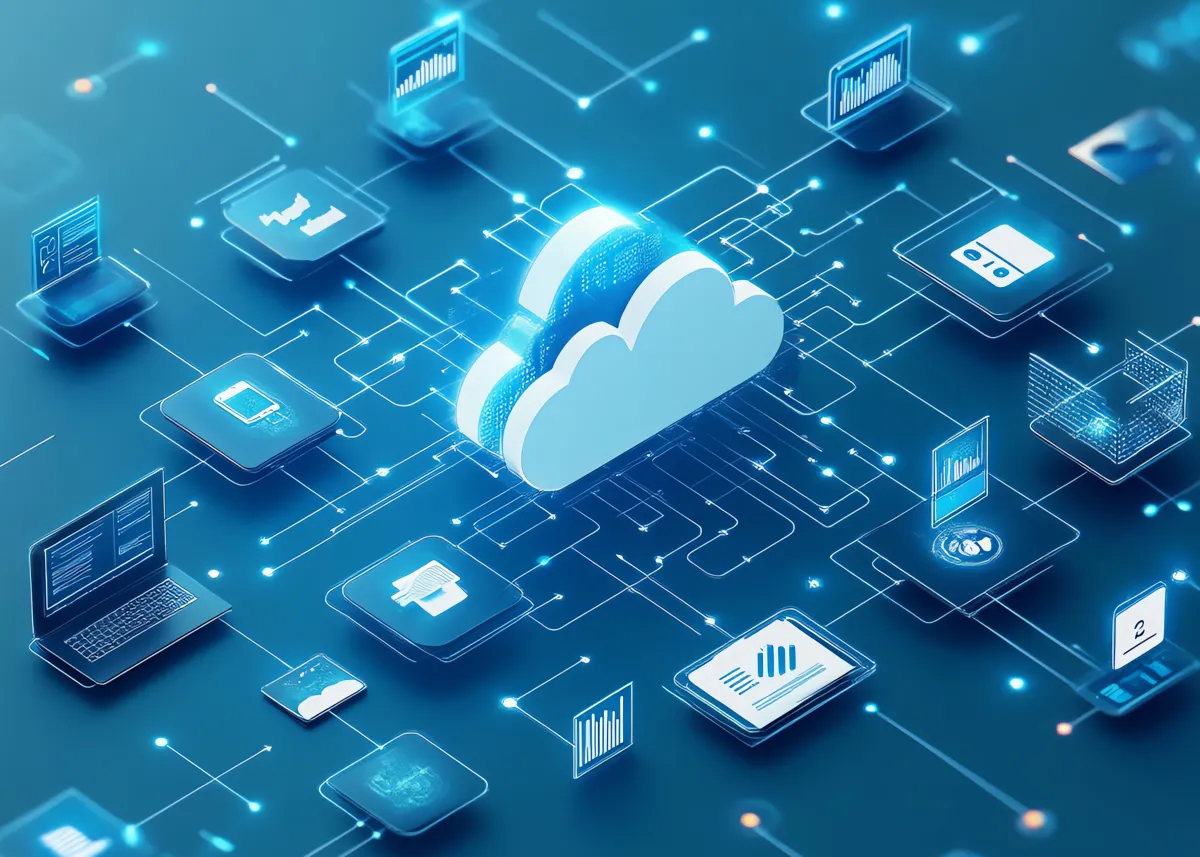 Cloud network with connected devices and data flow icons, illustrating smart fleet connectivity between drivers, vehicles, and real-time data.