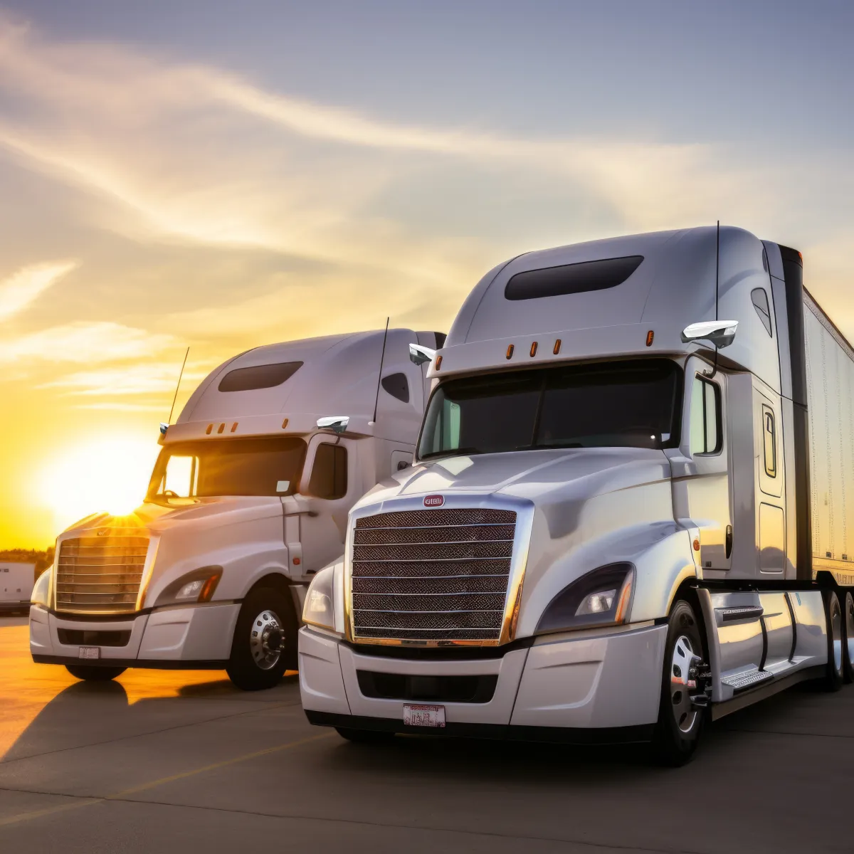 Two white semi-trucks parked side by side at sunset, representing reliable freight transportation and modern logistics efficiency.