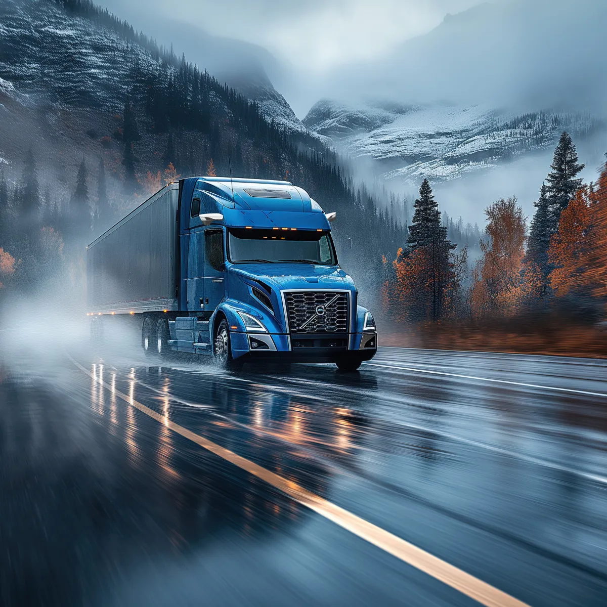 Blue semi-truck driving on a scenic mountinside highway during a rain, highlighting efficient freight transportation and modern logistics solutions.