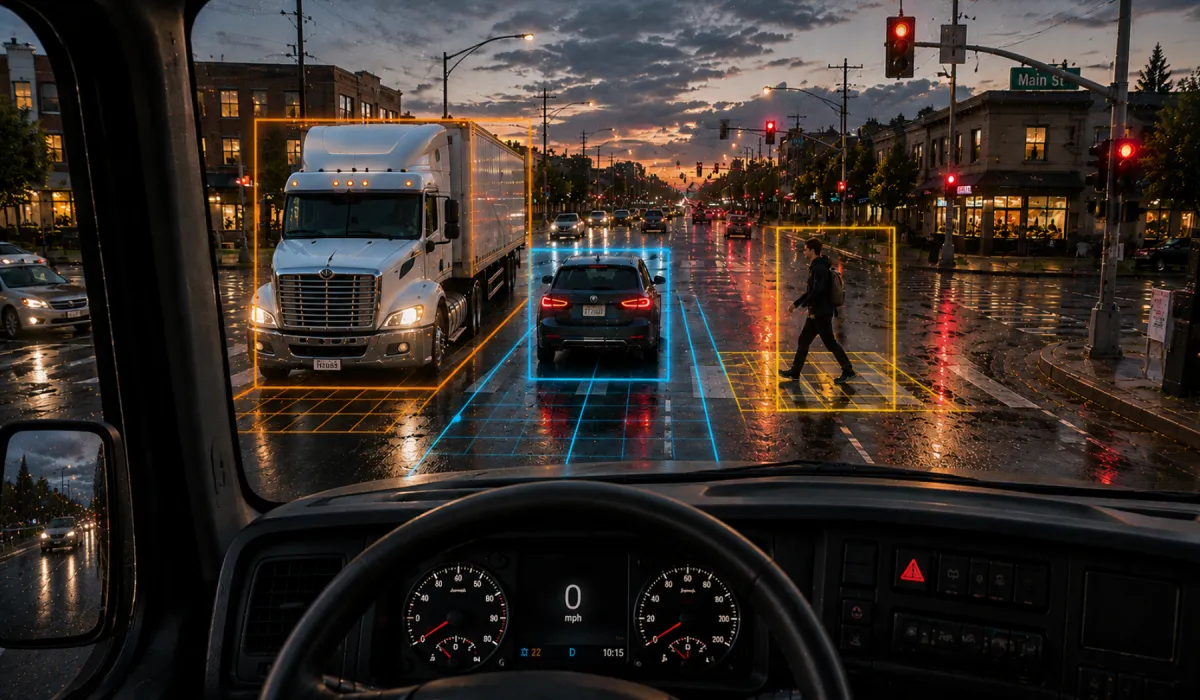 View from inside a commercial truck cab at a rain-soaked city intersection at dusk. Advanced driver-assistance overlays highlight a semi-truck, passenger vehicle, and pedestrian with bright detection boxes and lane-tracking lines. Wet pavement reflects traffic lights and storefronts, illustrating real-time collision awareness and hazard detection technology.