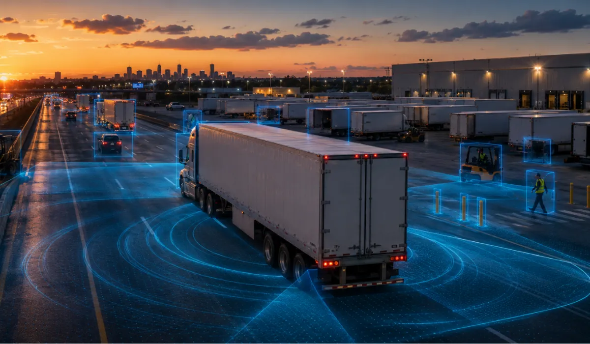 A modern white semi-truck with VisionWise-style sensor pods drives through a busy logistics and warehouse yard at sunset. Blue digital overlays highlight surrounding vehicles, trailers, forklifts, pedestrians, bollards, and infrastructure, illustrating real-time environmental awareness and collision prevention technology. Warehouse buildings, loading docks, and parked trailers fill the background, while a city skyline glows in the distance. The scene conveys advanced fleet visibility, operational intelligence, and safer navigation in complex transportation environments.