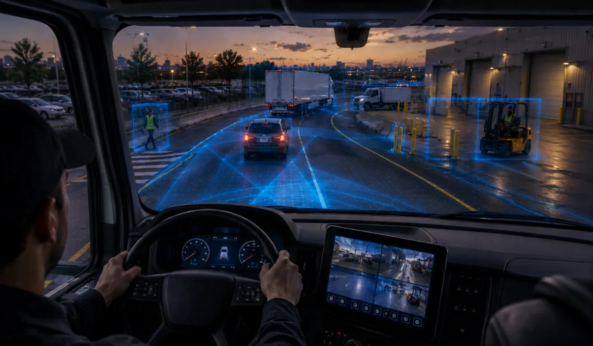 Driver’s-eye view from inside a commercial truck cab at dusk, looking through the windshield toward a busy urban roadway. VisionWise-style visibility overlays highlight surrounding vehicles, a box truck ahead, and a pedestrian near the roadside. A side-mounted display shows multiple camera views around the vehicle, while blue digital guidance graphics map the truck’s operating environment, illustrating software-defined visibility and real-time hazard awareness for commercial fleets.