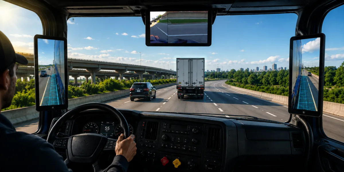 Driver's view from inside a modern commercial truck cab equipped with multiple digital camera displays replacing traditional mirrors. The side and overhead monitors show real-time views along both sides of the trailer with enhanced detection grids, while the windshield frames highway traffic ahead with AI-powered object recognition overlays highlighting nearby vehicles and lane positioning.