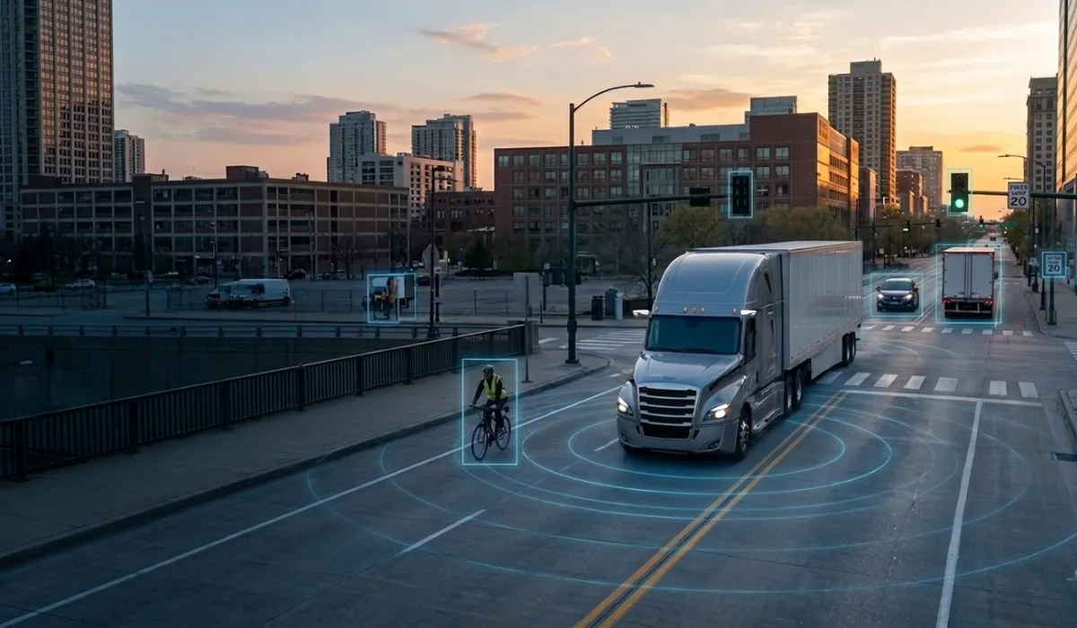 A semi-truck drives through a modern city intersection at sunset as an advanced computer vision system identifies surrounding vehicles, a cyclist, traffic lights, and roadside objects with subtle detection overlays, illustrating real-time AI-powered environmental perception for collision prevention and driver assistance.