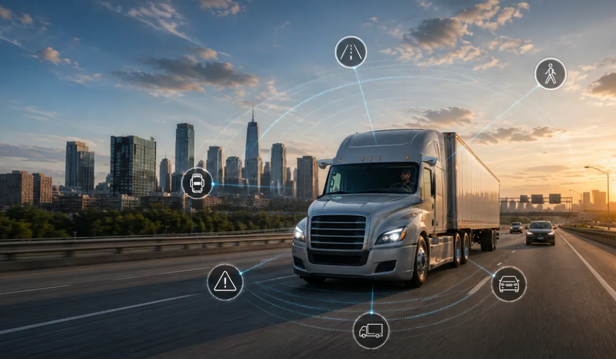 A silver semi-truck travels along a highway at sunset with a city skyline in the background, while subtle blue sensor overlays and detection icons illustrate AI-powered vehicle awareness and driver assistance technology.