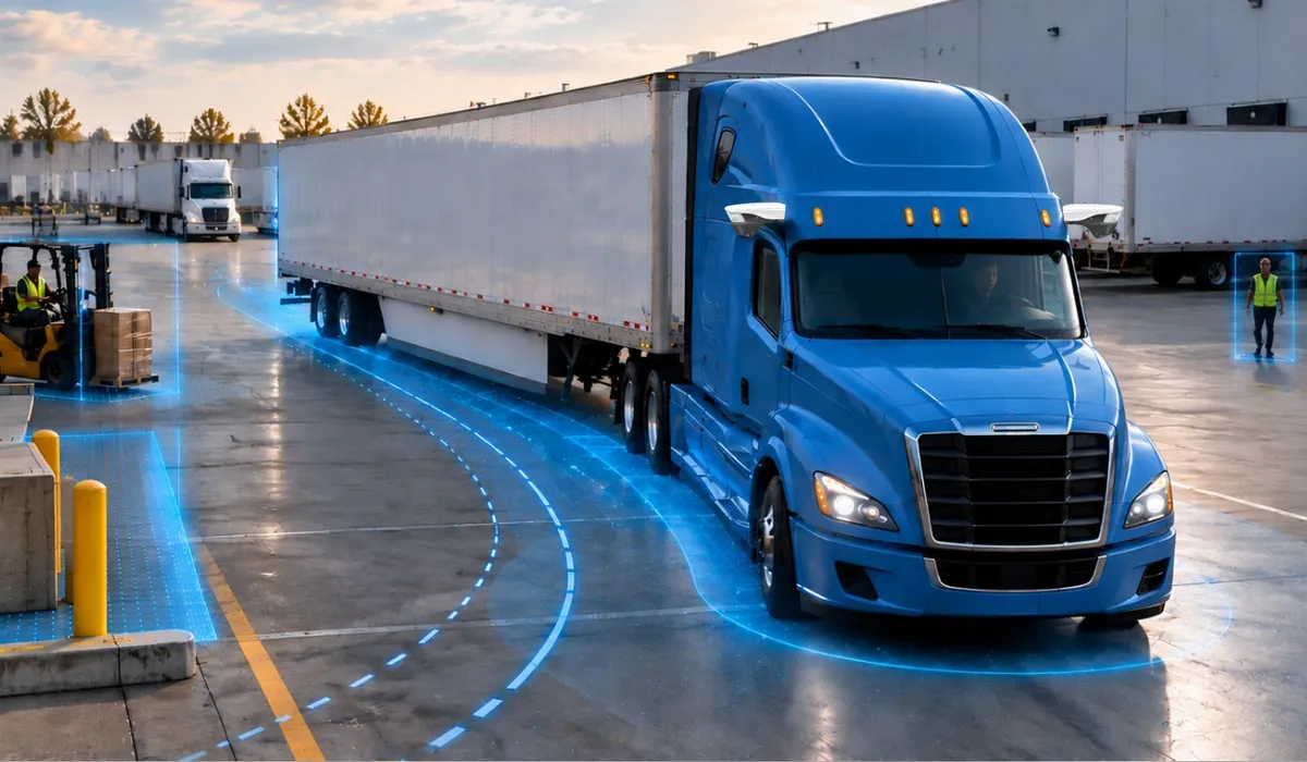 Light blue VisionWise-equipped Class 8 tractor-trailer maneuvering through a commercial distribution yard, with subtle blue computer-vision path lines showing the truck’s projected trajectory around nearby vehicles and obstacles.