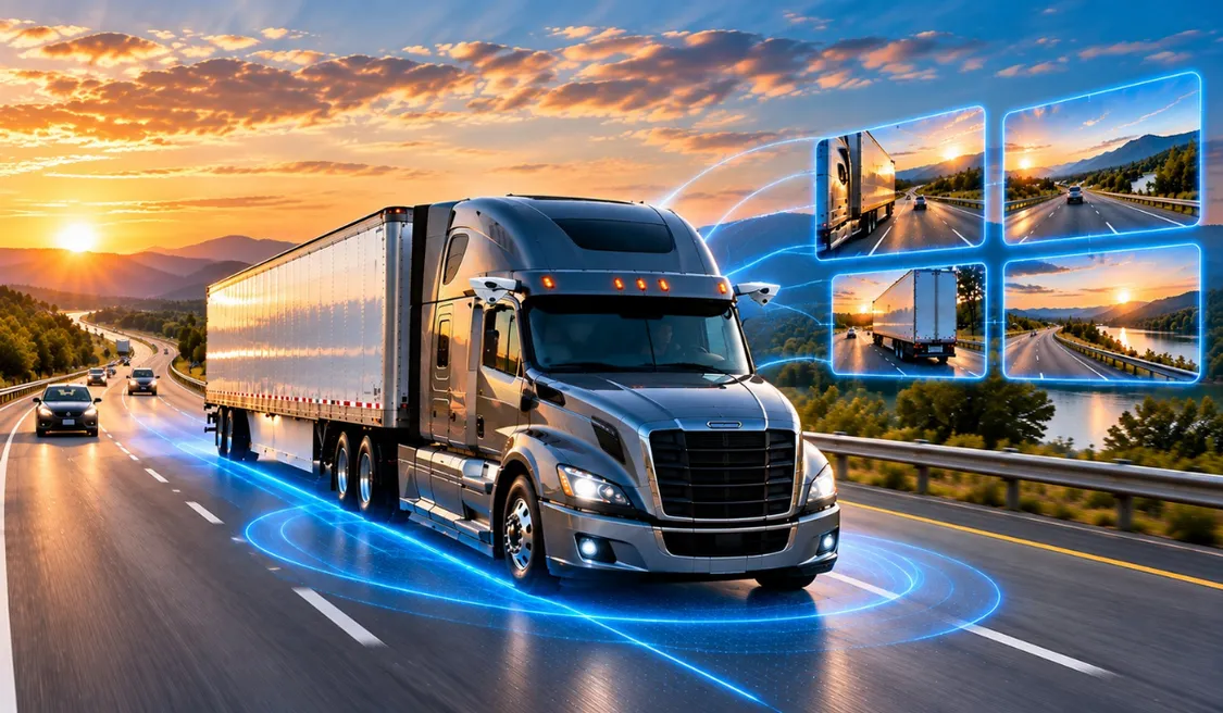 Photorealistic VisionWise-equipped semi-truck traveling on a scenic multi-lane highway at sunset, surrounded by mountains, a lake, and light traffic. Subtle blue technology overlays show multiple camera views and surrounding road awareness, emphasizing intelligent visibility and situational awareness.