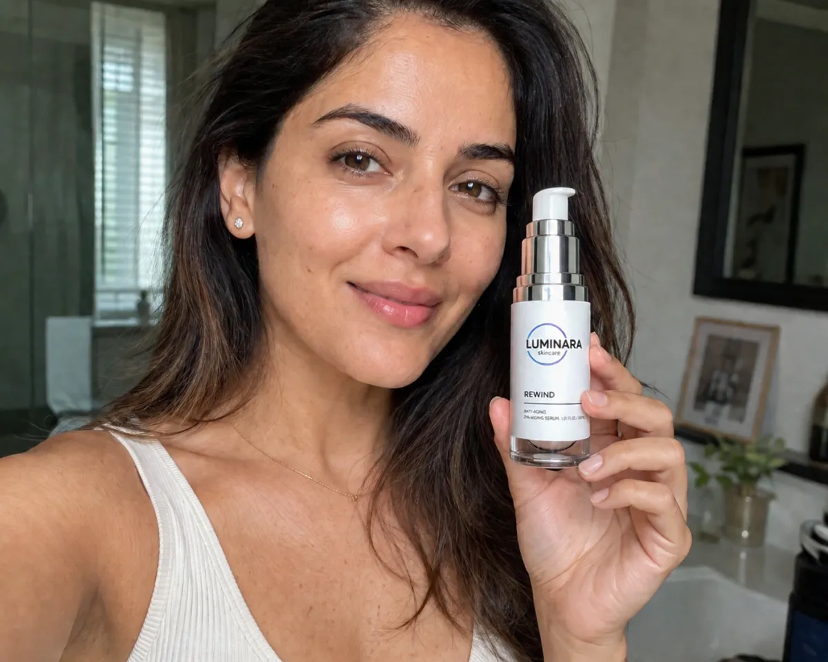 adult woman holding beauty product glowing skin real customer review natural lighting skincare result