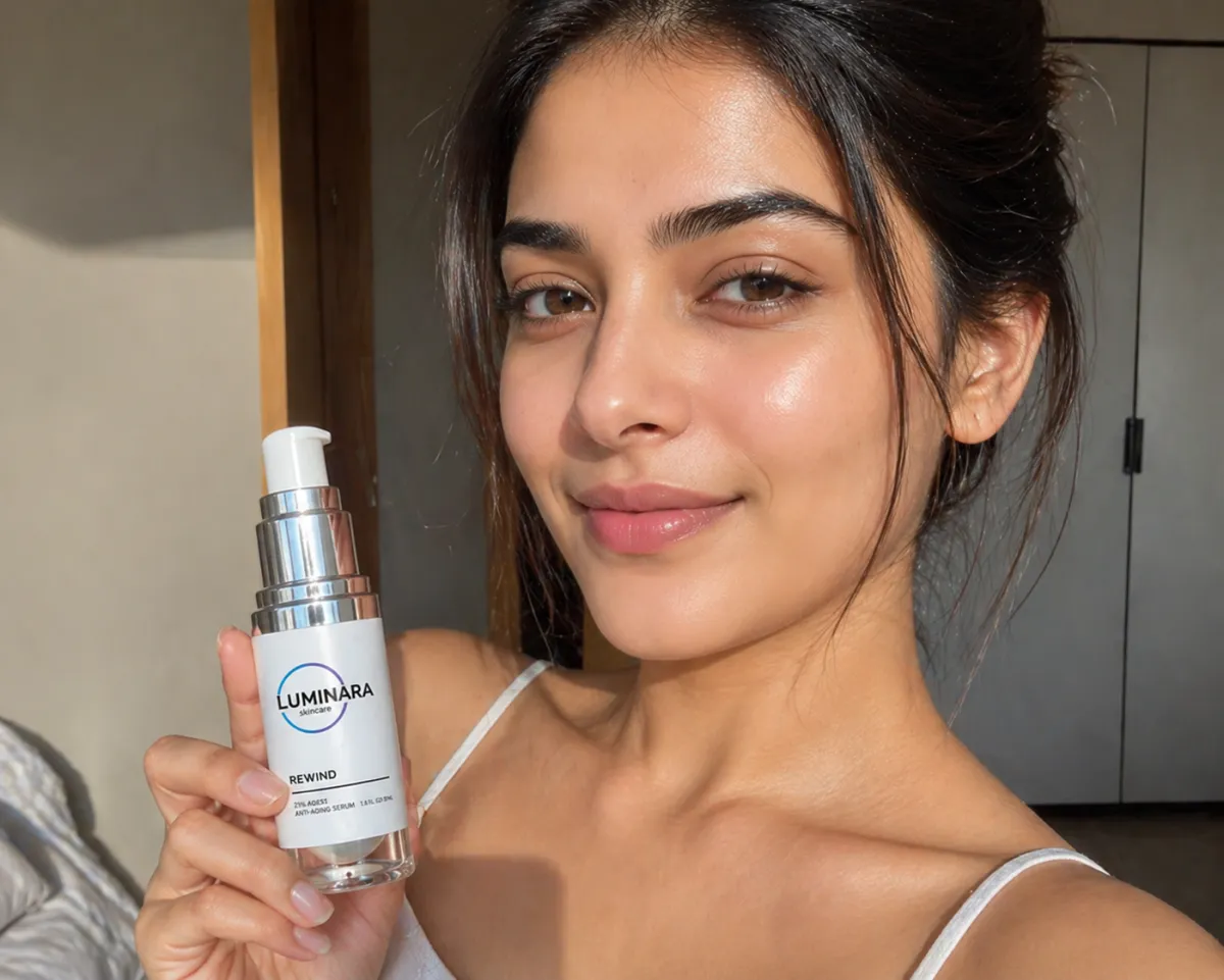 young woman holding skincare product smiling natural skin testimonial Luminara Rewind user experience