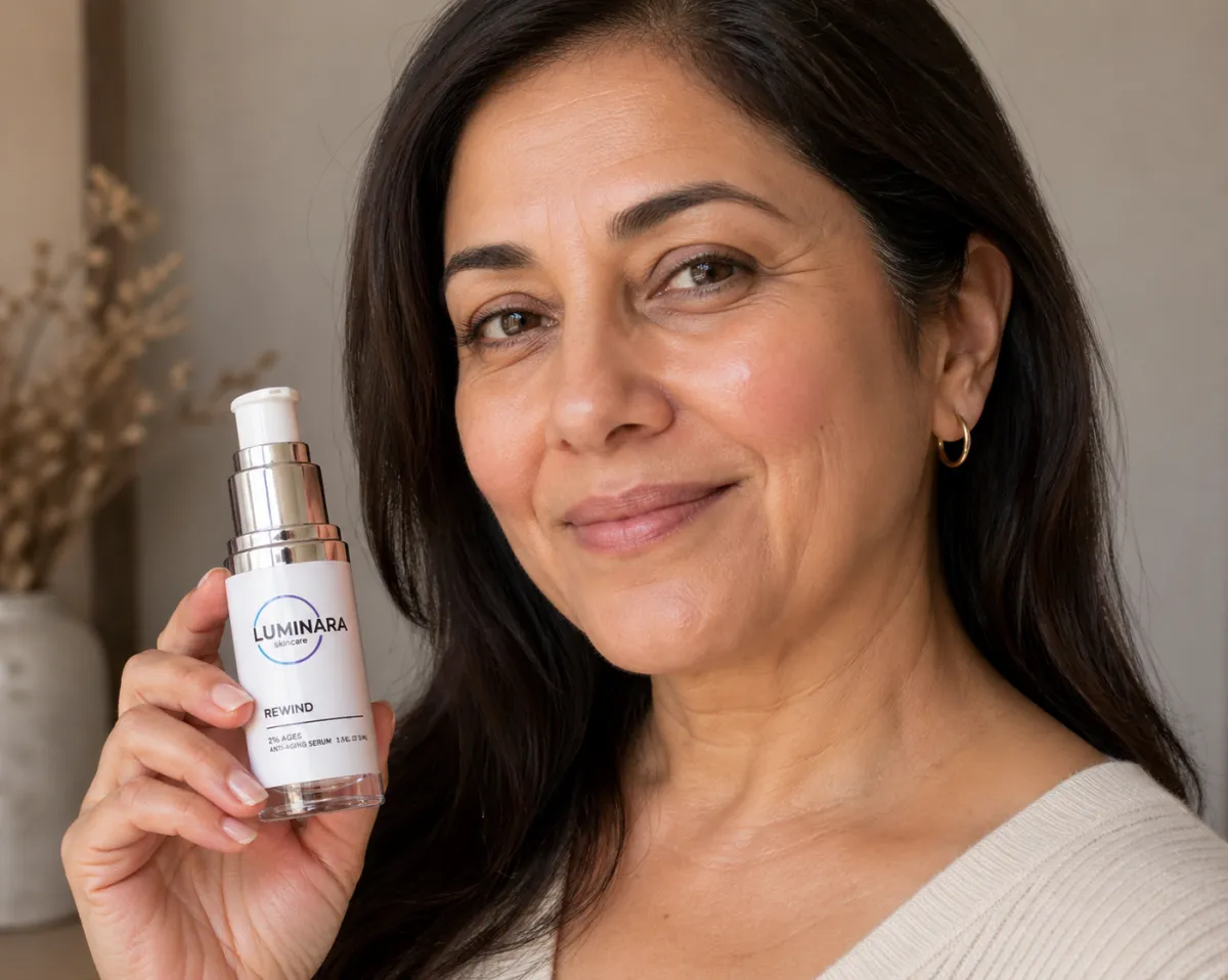 mature woman holding skincare bottle healthy skin realistic testimonial Luminara Rewind results
