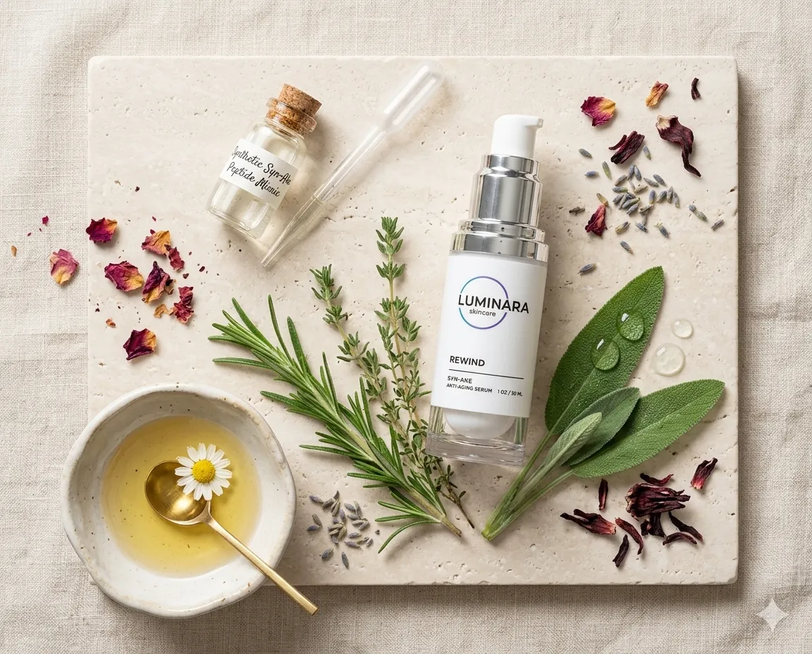 skincare serum bottle with natural ingredients botanical extracts clean beauty formula Luminara Rewind ingredients concept