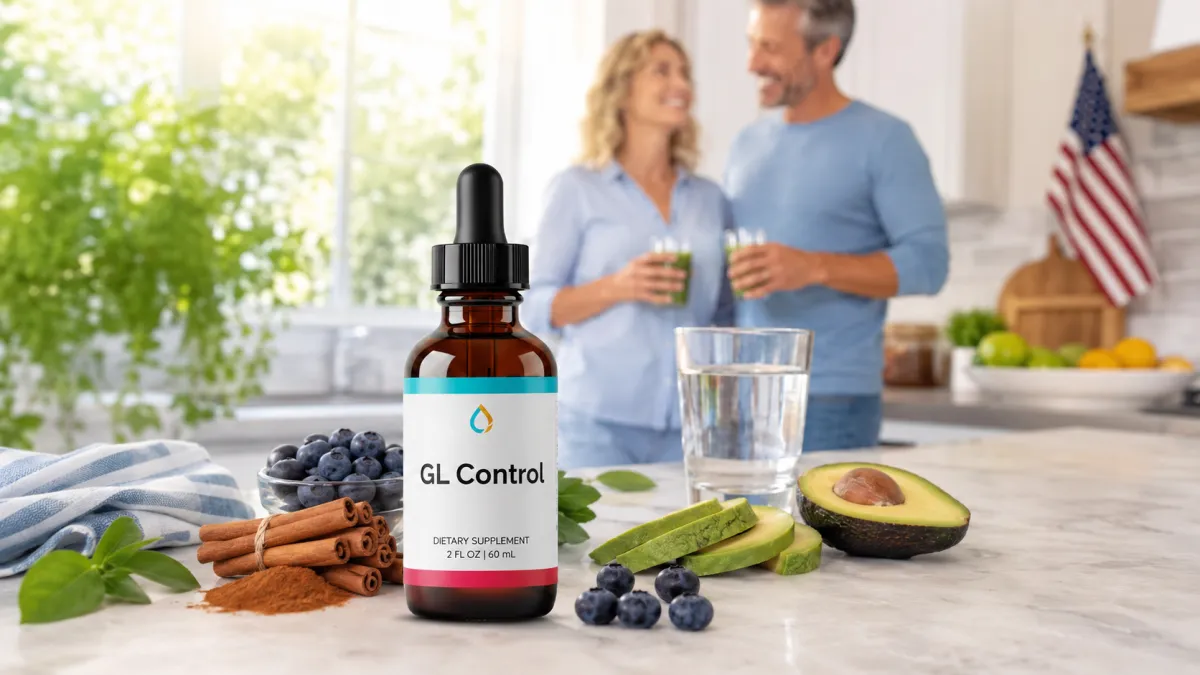 Middle aged American couple using GL Control wellness supplement in a healthy kitchen lifestyle setting
