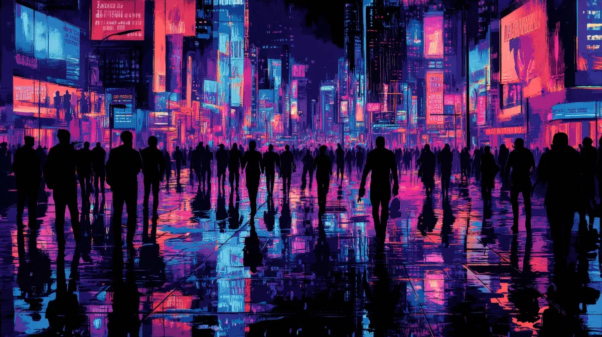 Image of silhouetted people in a futuristic landscape
