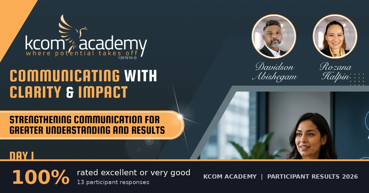 KCOM Academy programme poster with the headline result: 100% rated excellent or very good, from 13 participant responses
