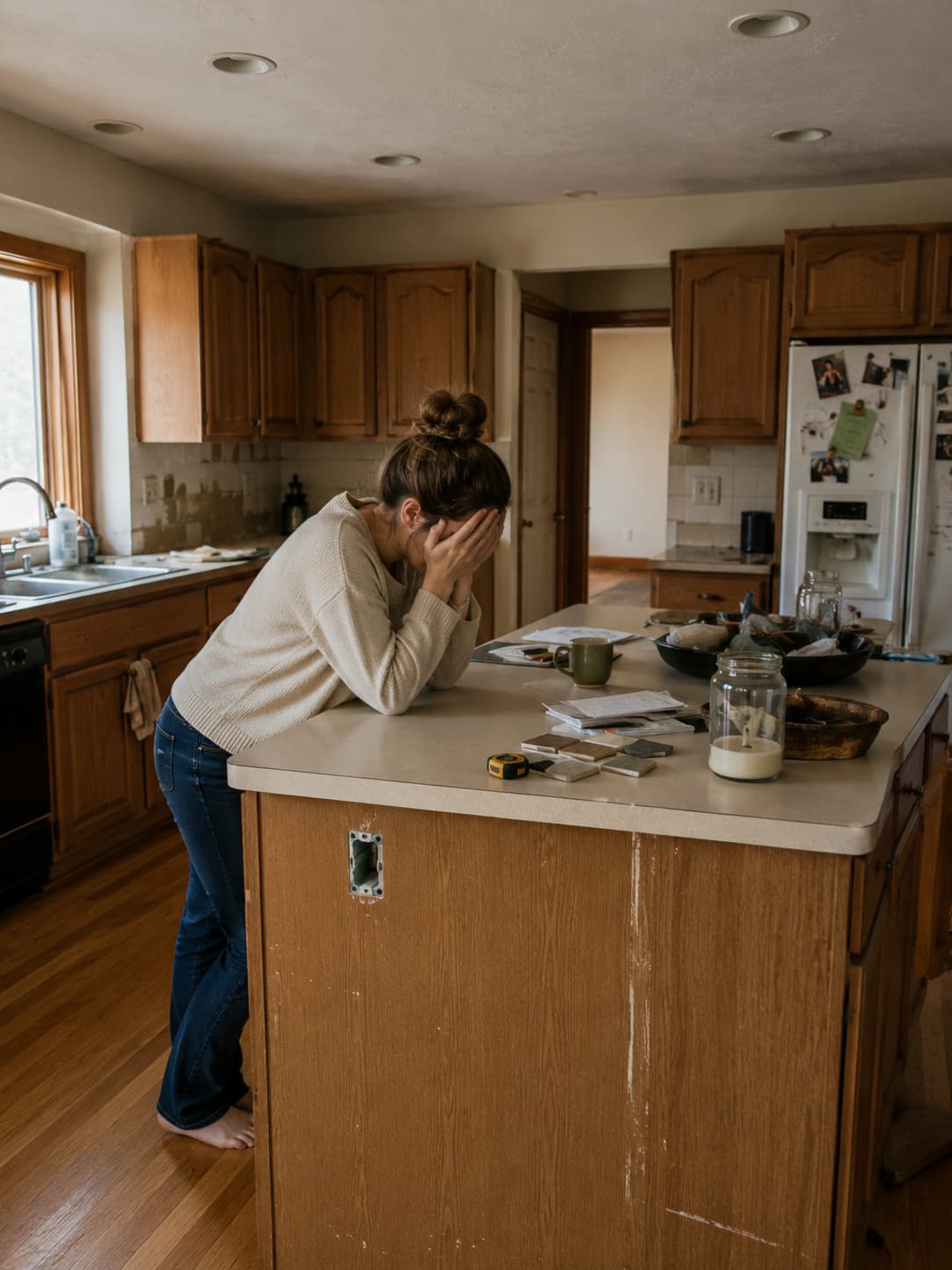 Overwhelmed homeowner surrounded by renovation options and material samples