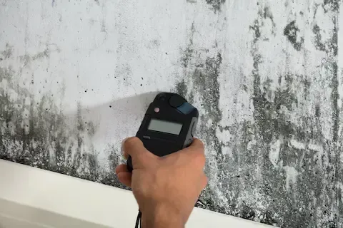 Moisture meter testing wall after mold cleanup – Huntsville Mold Removal Pros.