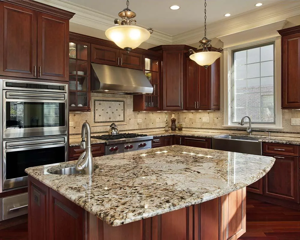a kitchen with a marble countertop
