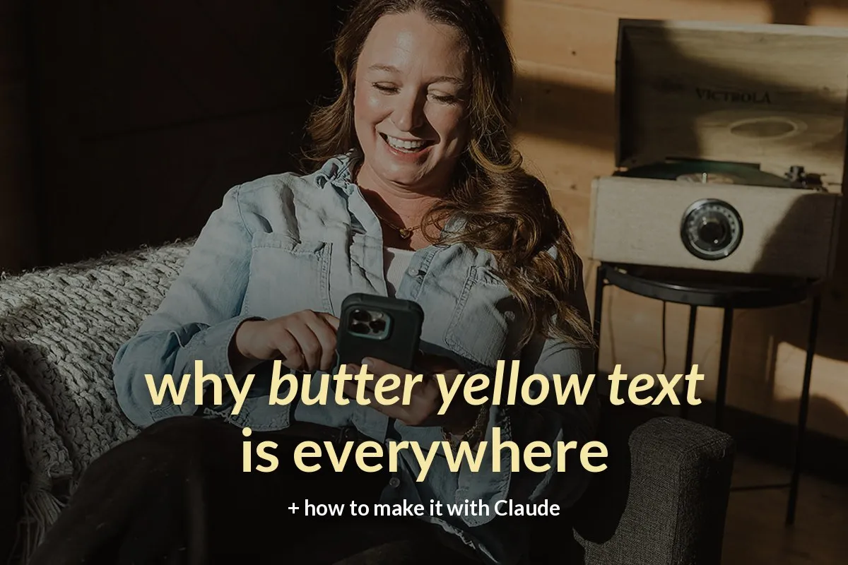 Megan Moore smiling at her phone on her couch with butter yellow text reading why butter yellow text is everywhere