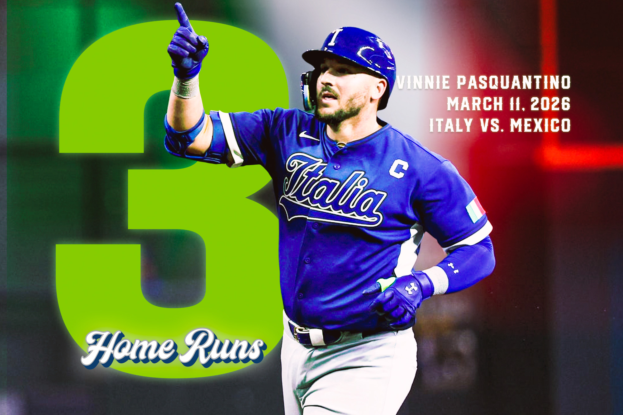 Vinnie Pasquantino in Italia uniform, celebrating home run with text in graphic 