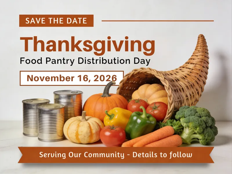 2026 Thanksgiving cornucopia food distribution save the date graphic for The Fountain Church.