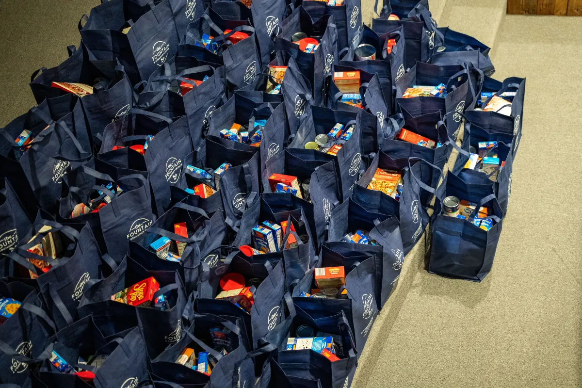 bags of donated food for The Fountain Food Pantry