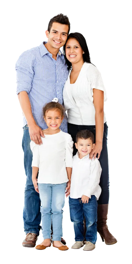 Mom, Dad with 2 little kids, a boy and a girl smiling.