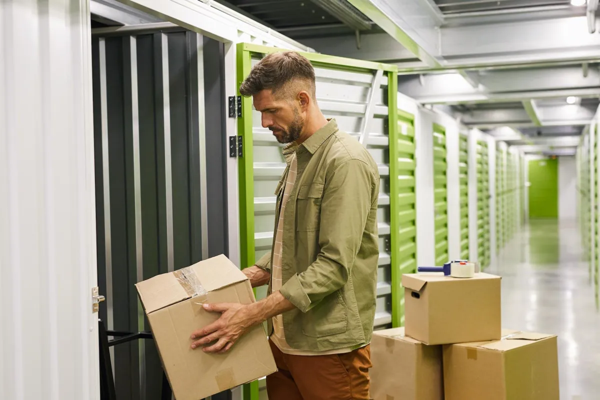 man storing items in secured storage container