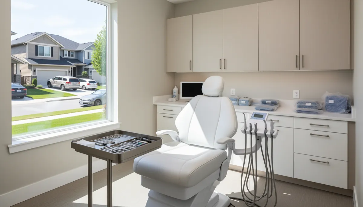 A modern dental treatment room with a dental chair and implant equipment in a sunlit home setting.