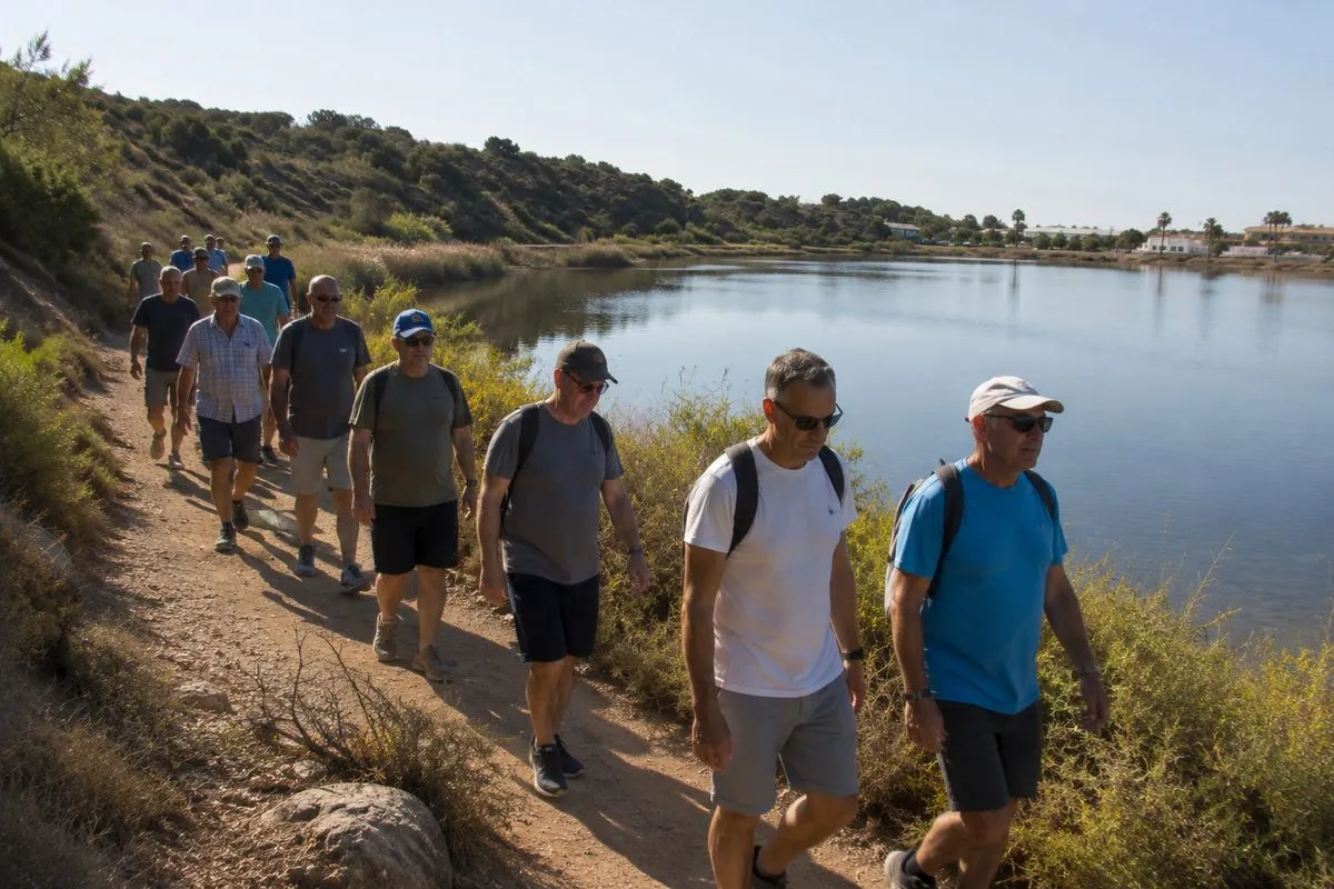Grupo de hombres caminando juntos junto a un lago durante un retiro Orlander