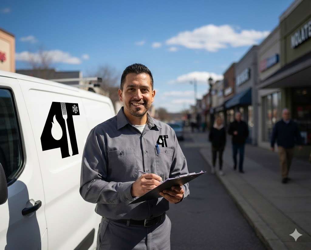 Adrian Toledo, owner of 4T Kitchen Commercial Services, standing in front of a service van with company branding, wearing a uniform and smiling confidently. The background shows a Gaithersburg commercial district, sunny day, and clear signage.