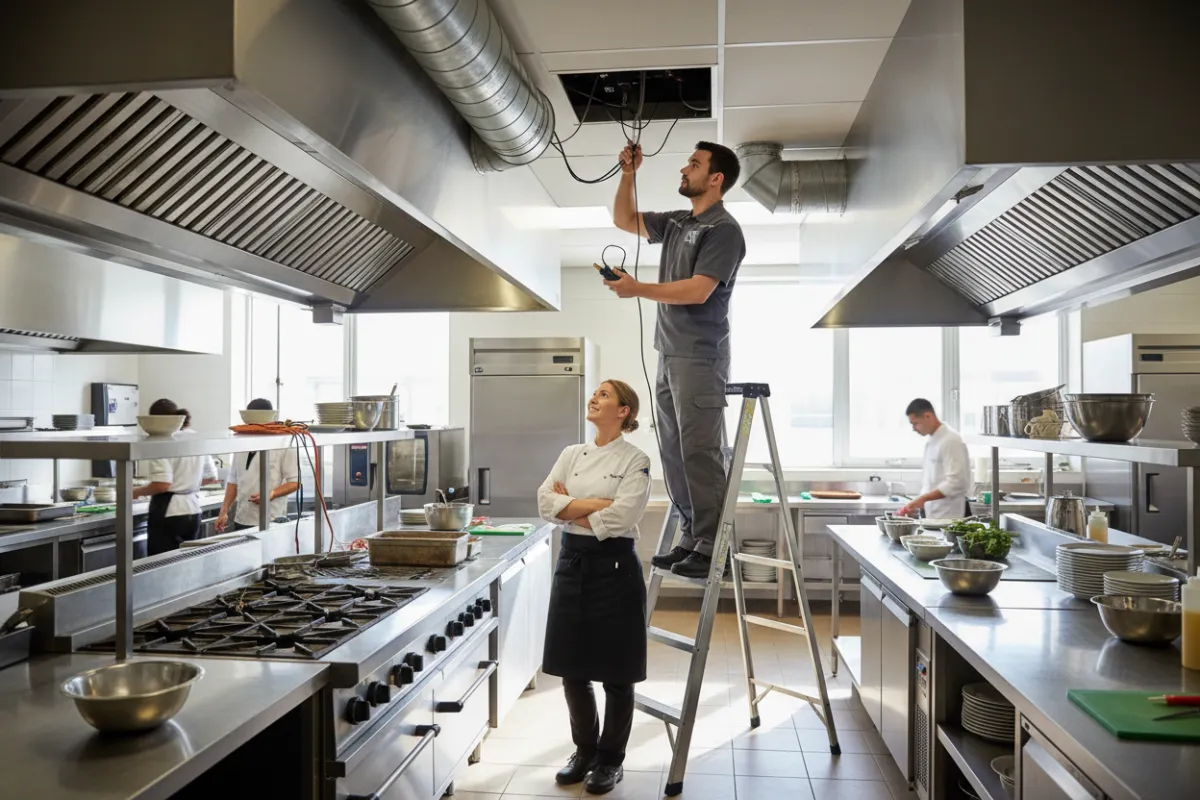 A technician inspects an HVAC vent in a commercial kitchen while a business owner observes. Bright, clean, and professional setting.