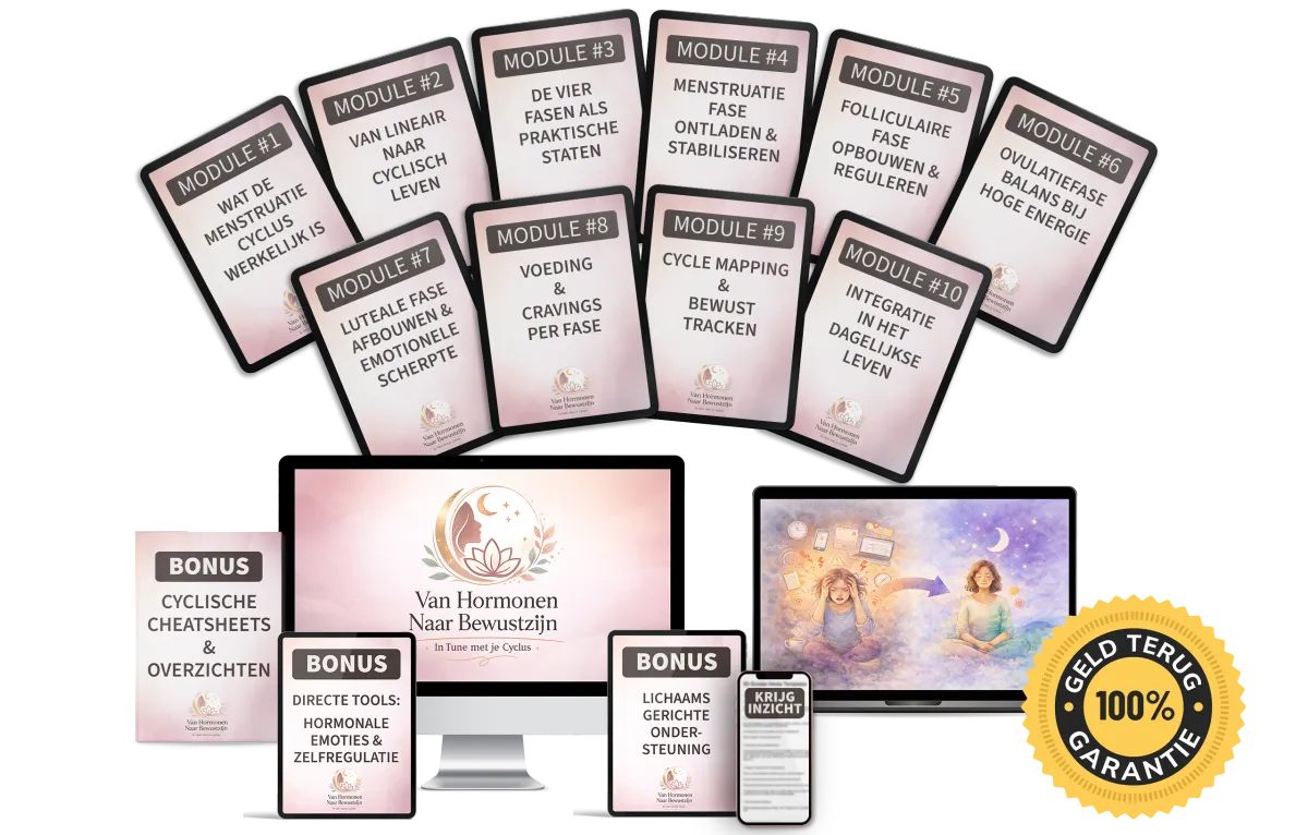 Digitaal programma ‘Van Hormonen naar Bewustzijn’ met 10 modules over menstruatiecyclus, voeding per fase, emotionele regulatie en bonusmaterialen.