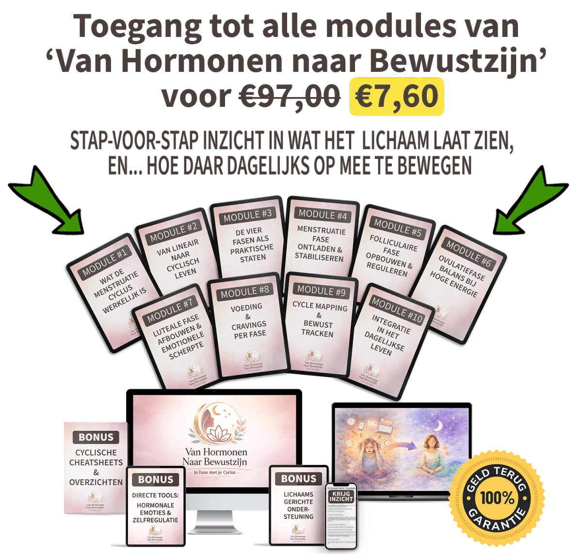 Digitaal programma ‘Van Hormonen naar Bewustzijn’ met 10 modules over menstruatiecyclus, voeding per fase, emotionele regulatie en bonusmaterialen.
