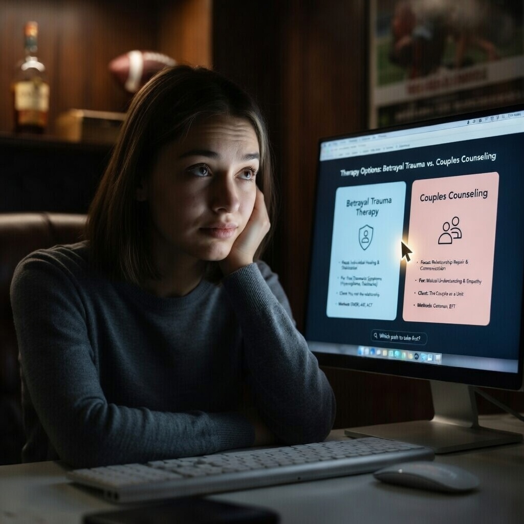 Woman researching the clinical differences between betrayal trauma therapy and couples counseling on a computer