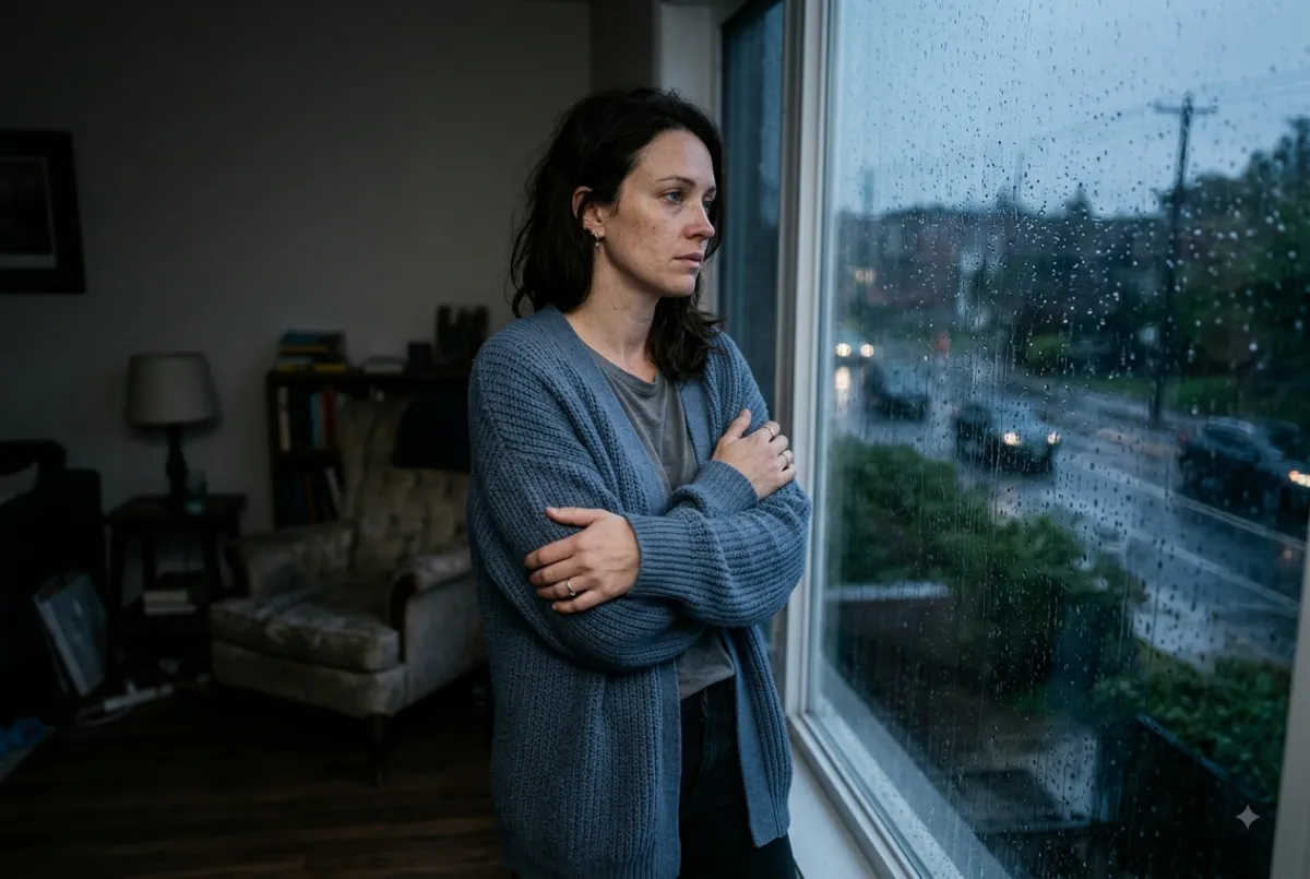 Woman staring out a rain-streaked window processing signs she was cheated on by a narcissist
