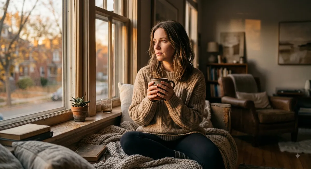 Woman sitting quietly by a window processing grief and love after being cheated on