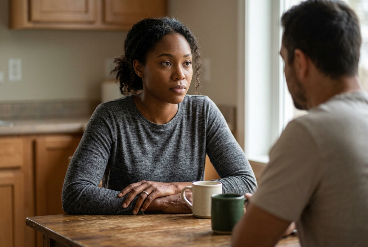 Couple sitting together in quiet conversation while considering marriage reconciliation after an affair