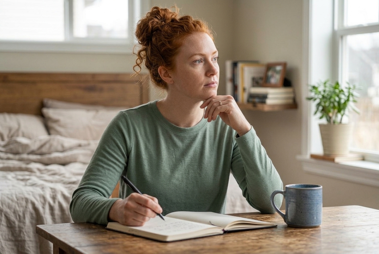 Woman preparing thoughtful questions to ask her partner after discovering an affair