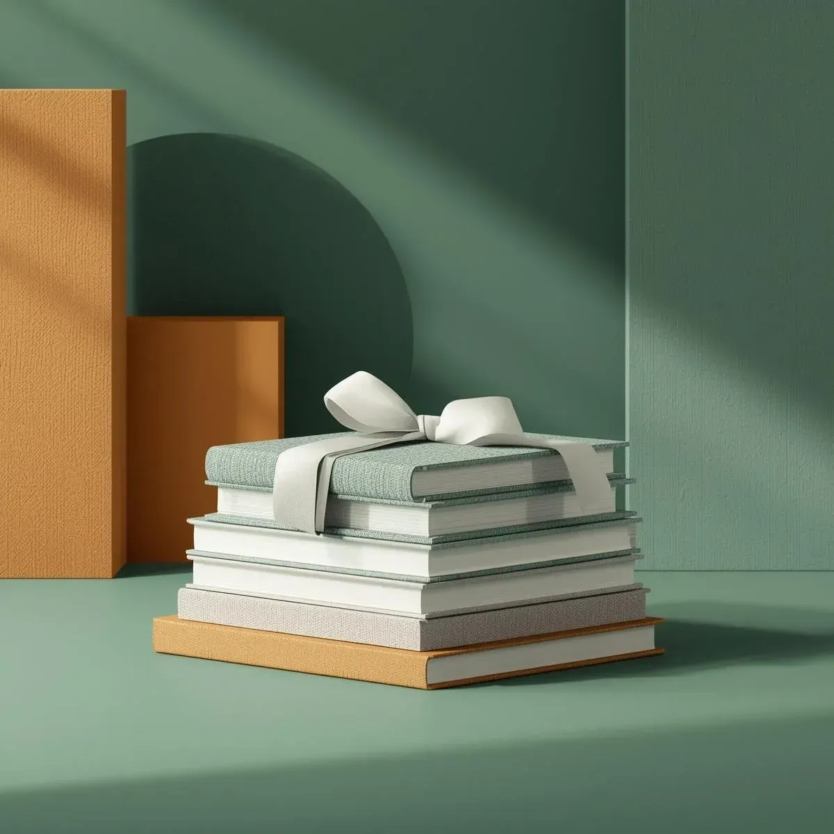 Stack of books with open pages in a calm green and ochre setting, representing practical digital eGuides.
